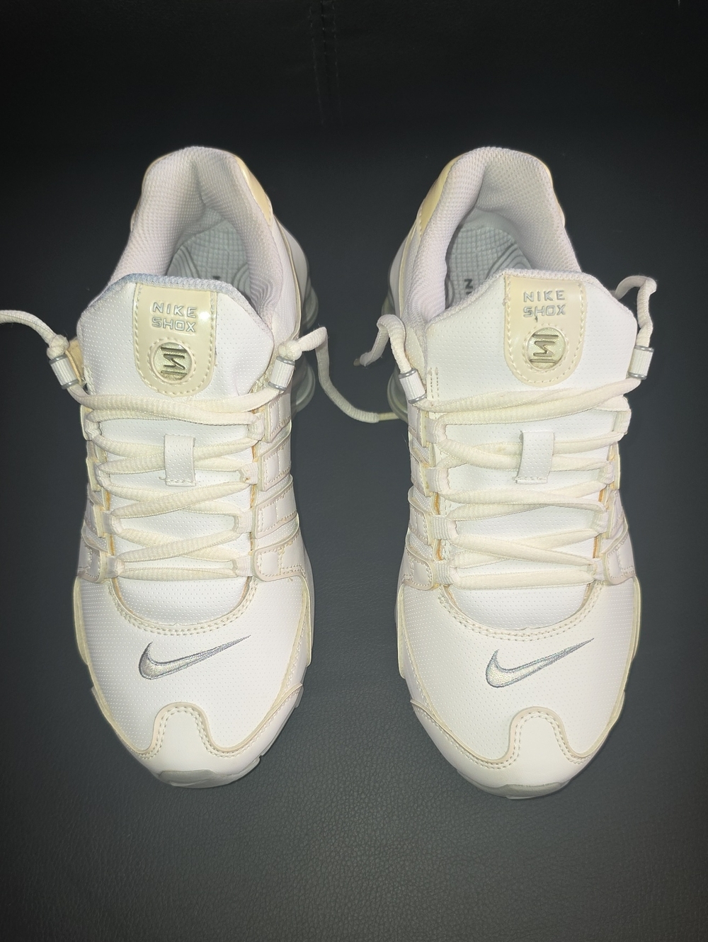 Nike Women’s Shox Sneakers in Cream with Silver Swoosh